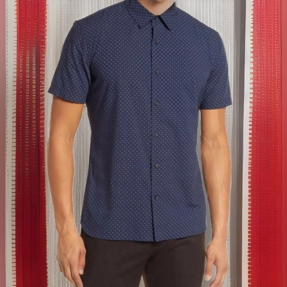 Vince Mens Shirt Large Blue Denim Thin Tiny Black Star Polka Dots Soft Drapes M